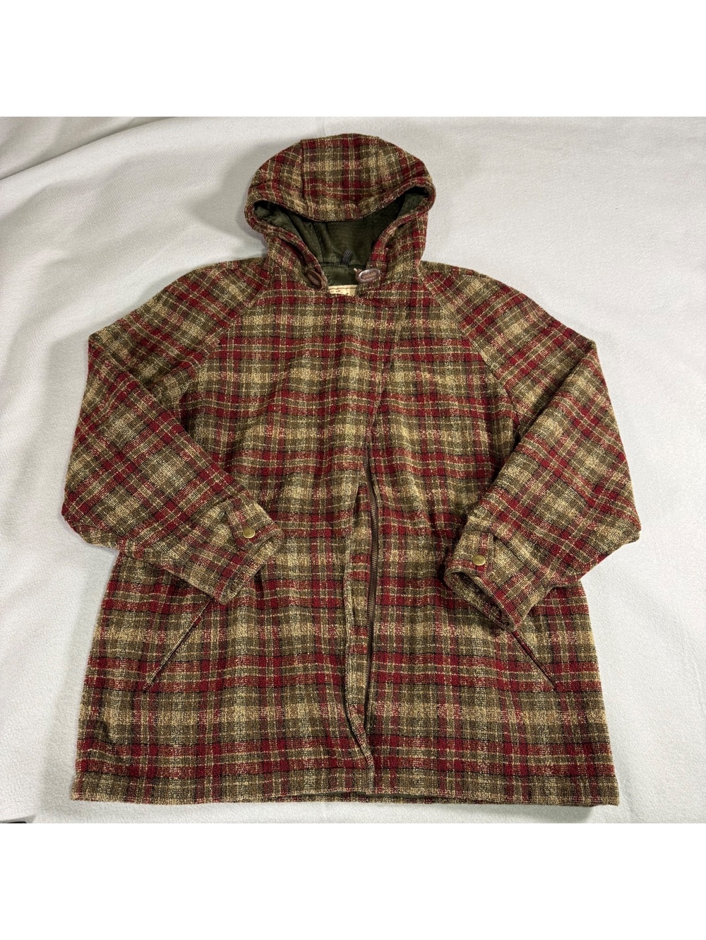 Woolrich Womens Plaid Wool Blend Hooded Parka Jacket red olive Large USA Made